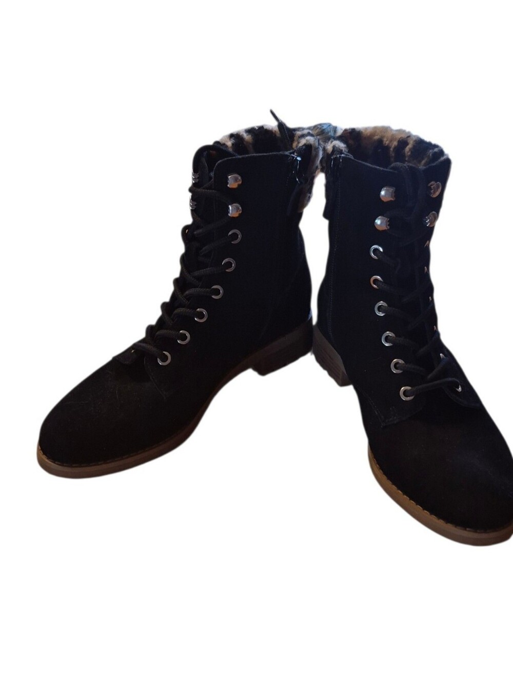 Violet and Red Samara Women’s Black Lace-Up Ankle Boots Leopard Faux Fur Sz 8.5